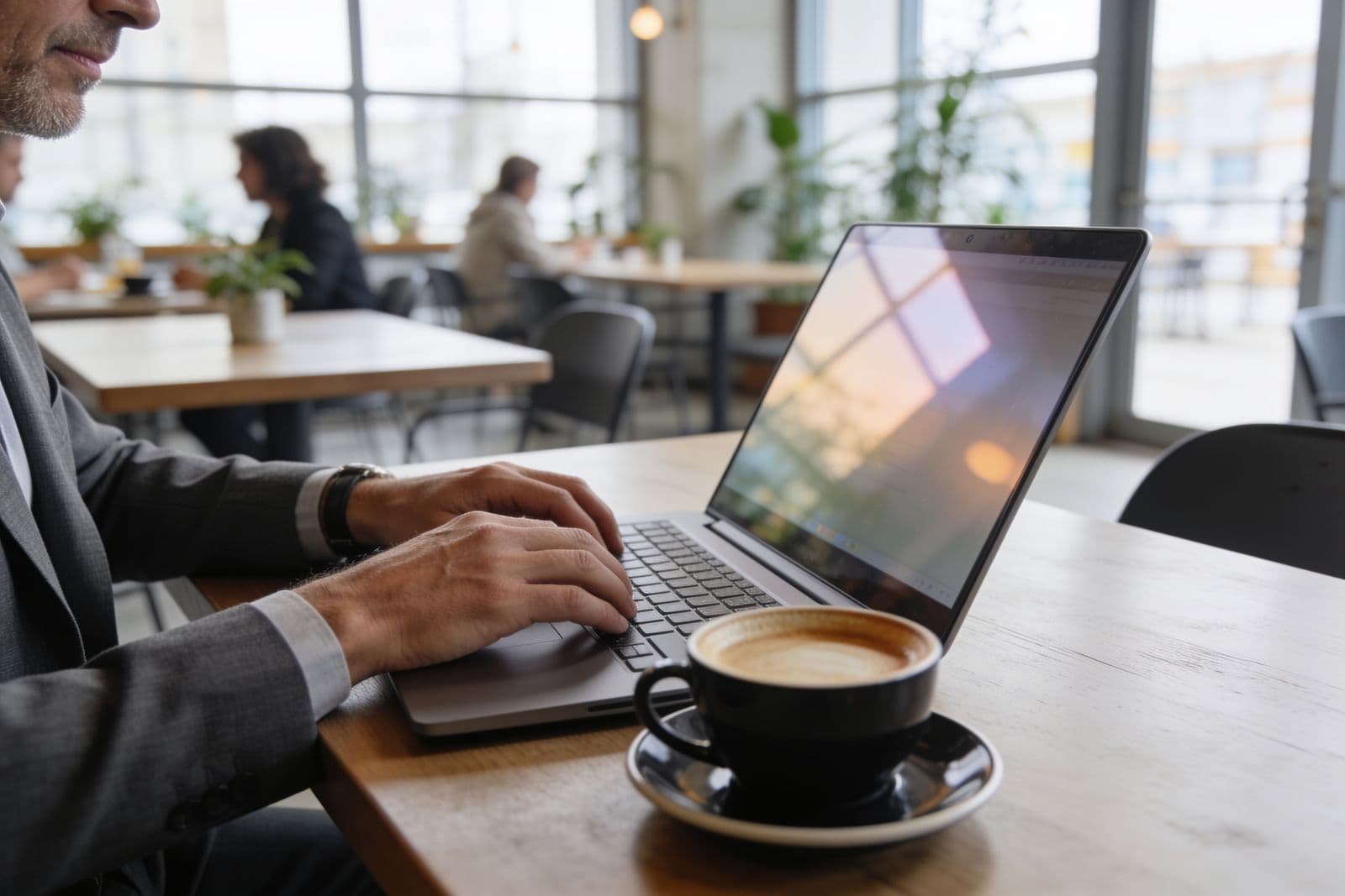 A person works on a laptop with a coffee nearby, natural light