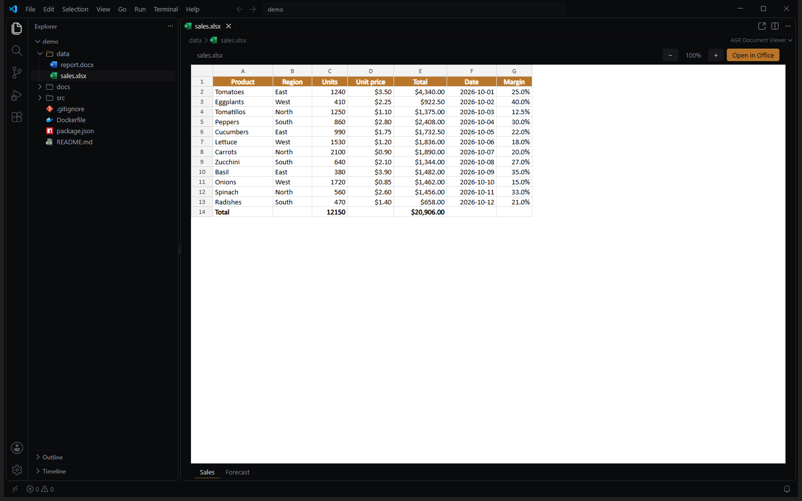 An Excel workbook in AGR Document Viewer